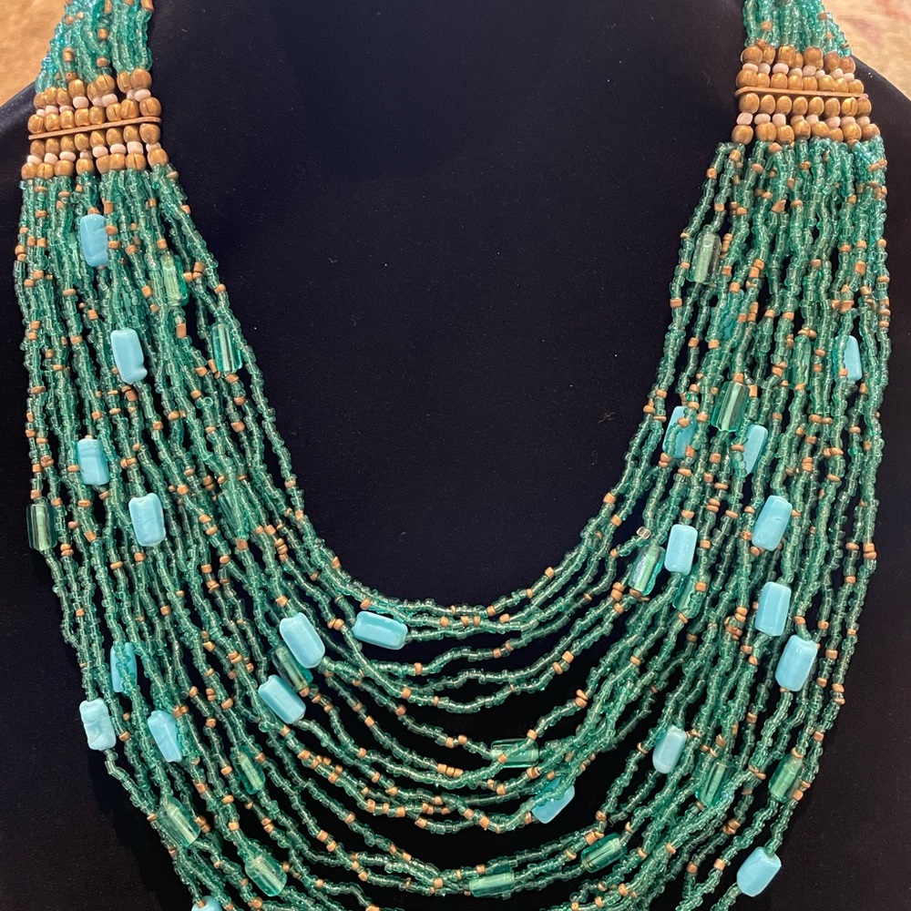 Designer vintage green and gold beaded multi-strand necklace